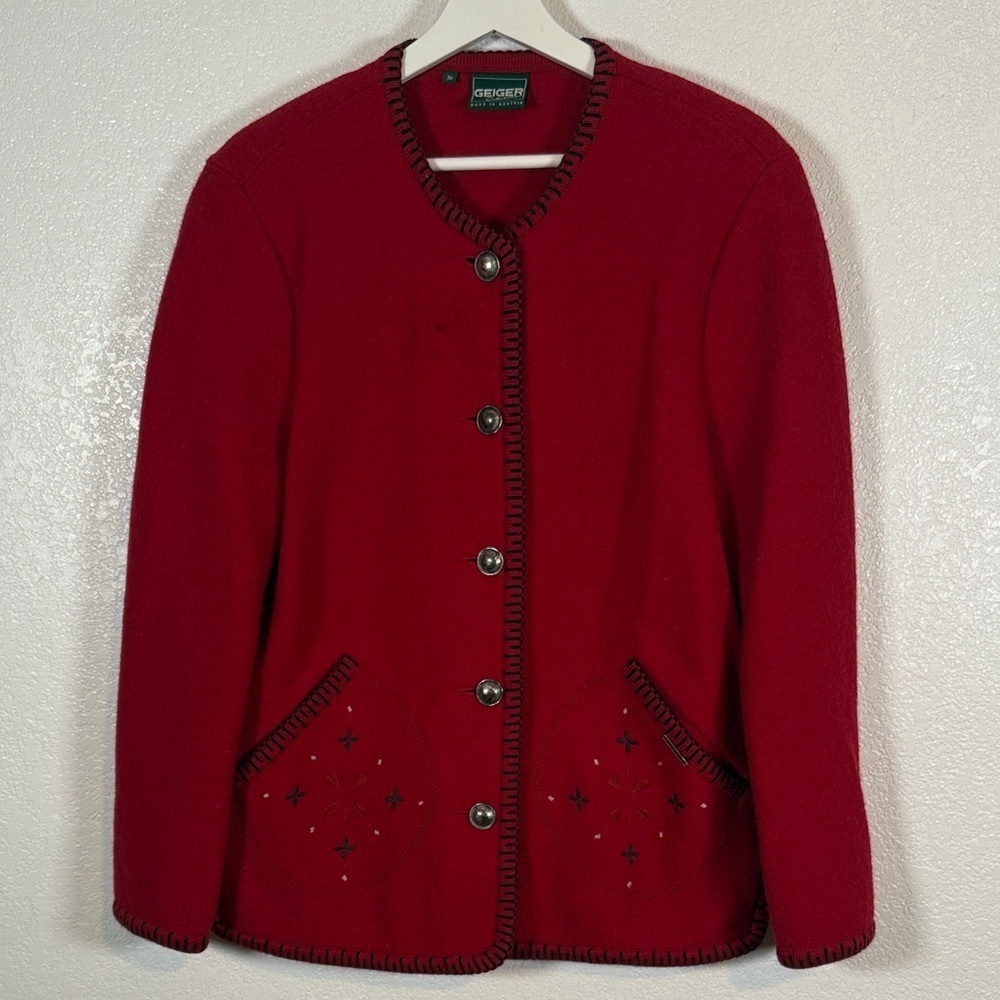 Geiger Red Embroidered Pocket Boiled Wool Blazer Jacket Size 36 Austria